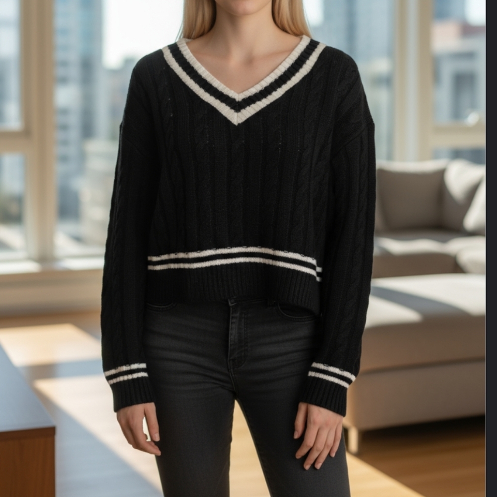 ELODIE Varsity Cable Knit V- neck Sweater In Black White